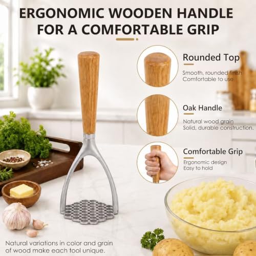Potato Masher, Aluminum Alloy Food Smasher with Wooden Handle,Potato