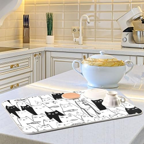 OTVEE Doodle Cat Dish Drying Mat for Kitchen Counter Absorbent Heat