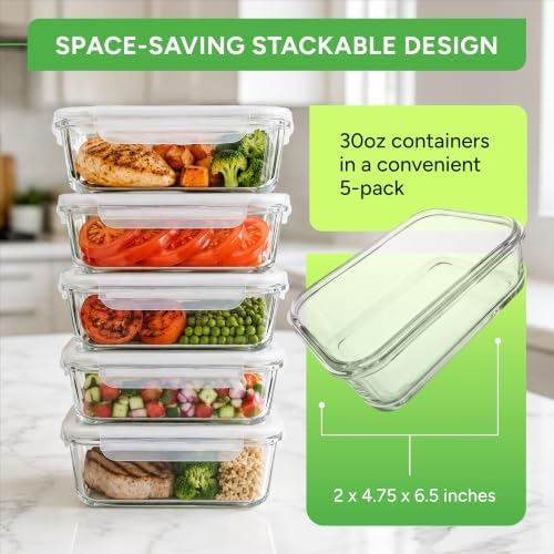 PrepNaturals 5 Pack 30oz Glass Meal Prep Containers