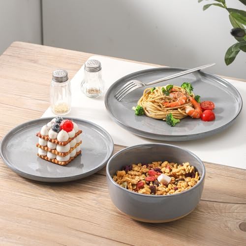 8 Inch Ceramic Dinner Plates Set of 4, Dark Gray, High Edges