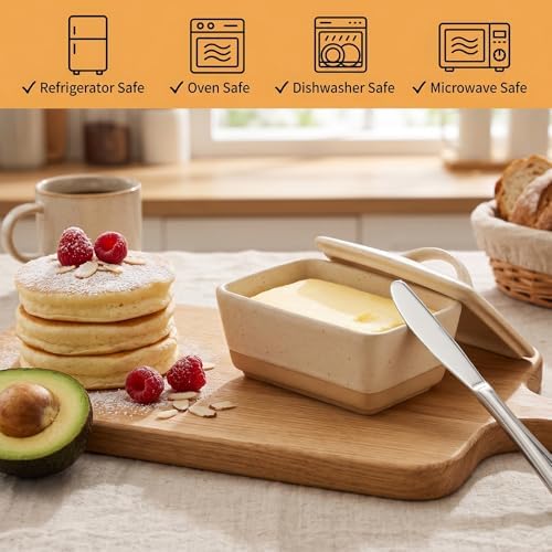 Beige Stoneware Vintage Butter Dish with Lid for Kitchen Countertop