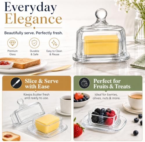 Dicunoy 2 Pack Glass Butter Dishes with Lids, Mini Butter Keeper