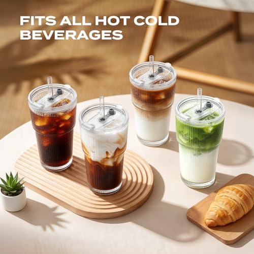 Iced Coffee Cups with Lids, 20oz Ribbed Glass Tumbler with Straw and