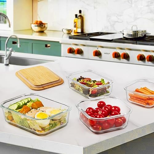 Vtopmart 4 Pack Glass Food Storage Containers with Bamboo Lids