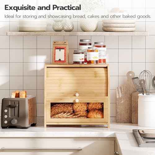 HOOBRO Bread Box, Bamboo Bread Box for Kitchen Countertop, 2 Tier Roll-Top Bread Bin, Food Storage Box, Large Capacity Keeper, Wooden Storage Cabinet, for Kitchen, Dining Room, Natural YL13MB01