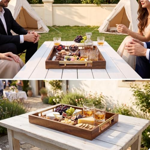 Acacia Wood Serving Tray with Metal Handles,14.2" x 9.8" Decorative