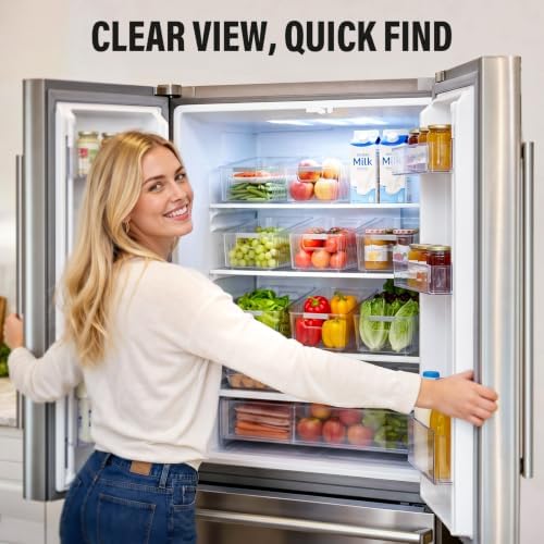 Pull Out Fridge Organizer Bins with Wheels, 8 Dividers, 2-Pack
