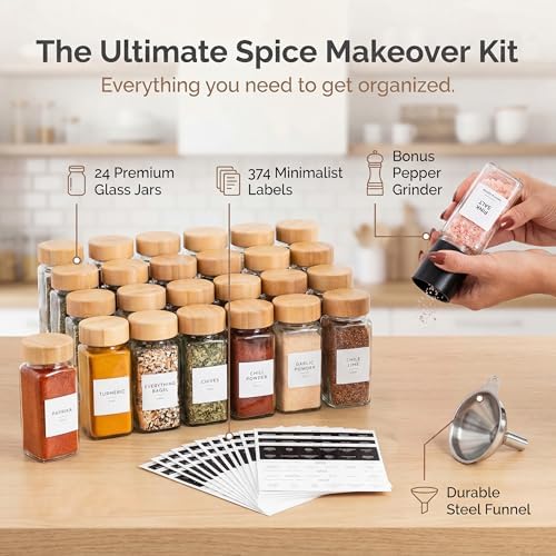 Spice Jars with Labels and Acrylic Spice Drawer Organizer Bundle, 24