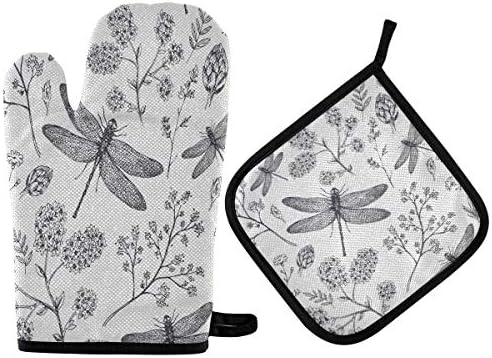 QMXO Tropical Floral Dragonfly Pattern Oven Mitts Quilted Cotton