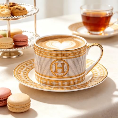 Gold Mosaic H Ceramic Coffee Cup & Saucer Set, 8 OZ Luxury European