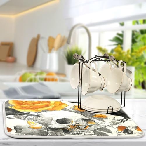 OTVEE Skull and Flower Mix Dish Drying Mat for Kitchen Counter