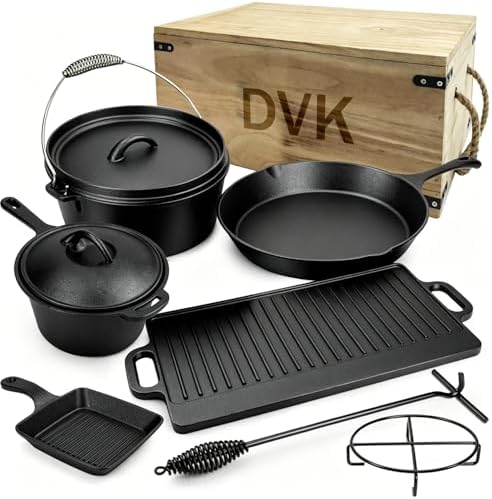 DVK 8 Piece Cast Iron Cookware Set with Vintage Wooden Storage Box