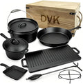 DVK 8 Piece Cast Iron Cookware Set with Vintage Wooden Storage Box