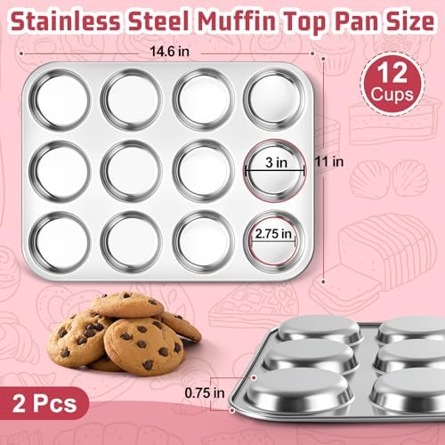 E-far 2 Pack Muffin Top Pan, 12-Cavity Stainless Steel Shallow Cupcake