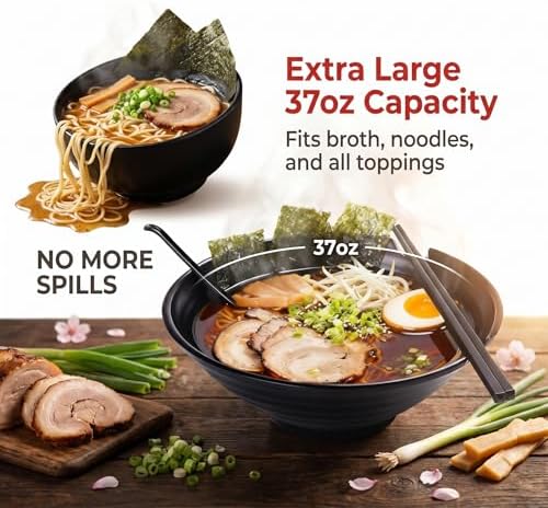 Unbreakable Japanese Style Ramen Bowl Set of 2, 37oz Black Large Matte