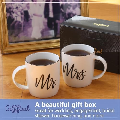 Triple Gifffted Mr and Mrs Coffee Mugs Couples Gift Set, 13oz Ceramic