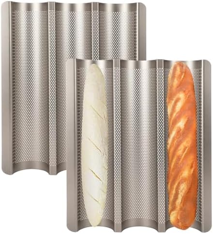 2-Pack Baguette Bread Pan, 3-Slot French Bread Baking Tray, Golden
