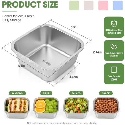 4 Pack Stainless Steel Sandwich Containers, 32 oz