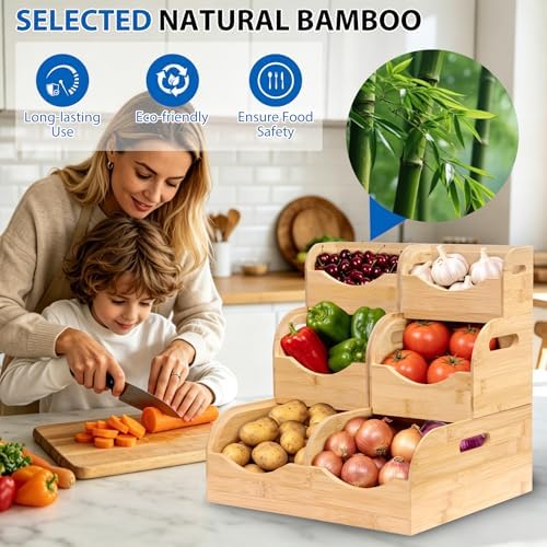 5 Pack Bamboo Stackable Storage Bins, 3-Tier Vertical Stacking