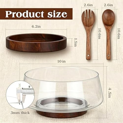 121oz Large Glass Salad Bowl with Wood Base & Spoons