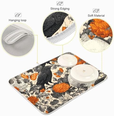 OTVEE Floral Macabre Skull Dish Drying Mat for Kitchen Counter