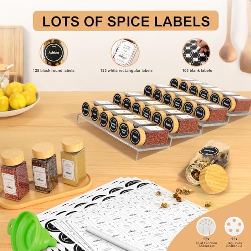 24 Spice Jars with Spice Drawer Organizer, 355 Spice Labels, 2 Pack