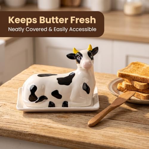 Ceramic Butter Dish with Lid Hand-Painted Cow Farmhouse Design