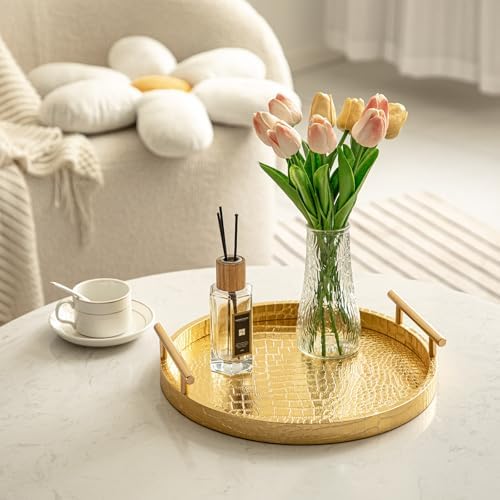 Modern Decorative Tray Set of 2, Wooden Round Crocodile Leather Tray