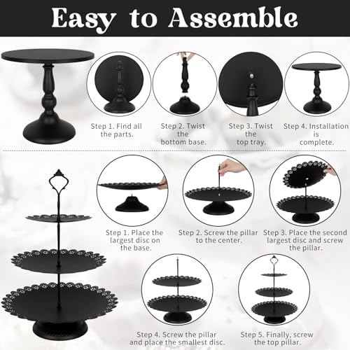 Fivenl 8 Pcs Cake Stand Black Metal Dessert Table Display Set, 3-Tier