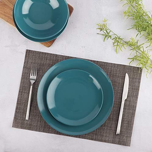 Amazon Basics 18-Piece Stoneware Dinnerware Set, Service for 6, Microwave and Dishwasher Safe, Plates and Bowls, Deep Teal