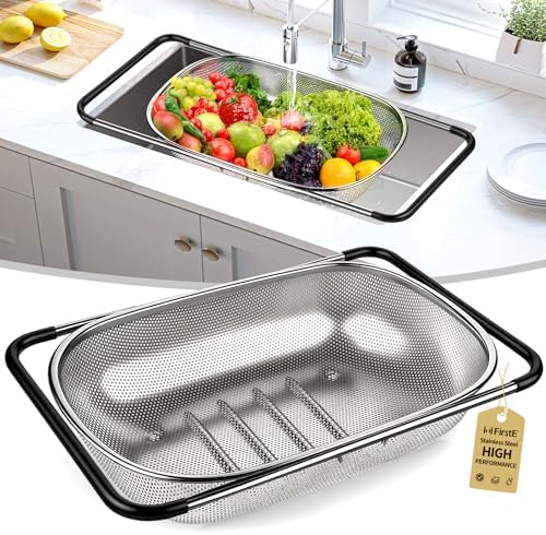 FirstE Stainless Steel Over-the-Sink Colander Strainer Basket, 6 Quart