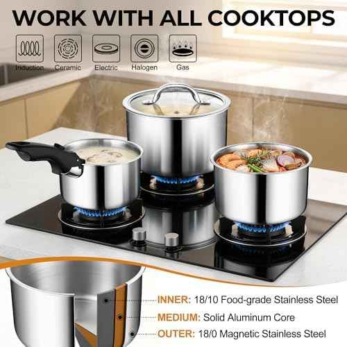 P&P CHEF Tri-Ply 9Pcs Cooking Pots and Sauce Pans Set with Removable Handle