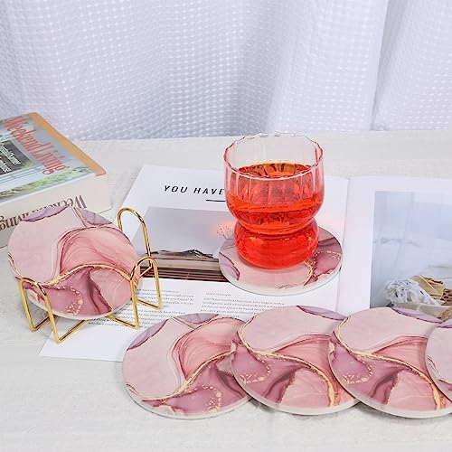 Absorbent Pink Marble Ceramic Coasters for Drinks with Gold Holder and