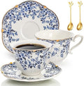 Set of 2 Porcelain Tea Cups and Saucers with Spoon, 6 Oz