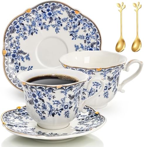 Set of 2 Porcelain Tea Cups and Saucers with Spoon, 6 Oz