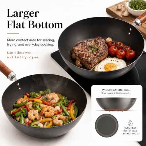 10.2-Inch Carbon Steel Wok Frying Pan with Lid, Flat Bottom