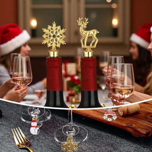 Christmas Wine Stoppers With Wine Charms Set of 8, Gold Wine Bottle