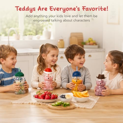 Teddy Bear Glass Cup with 4 Interchangeable Hat Lids & 4 Reusable