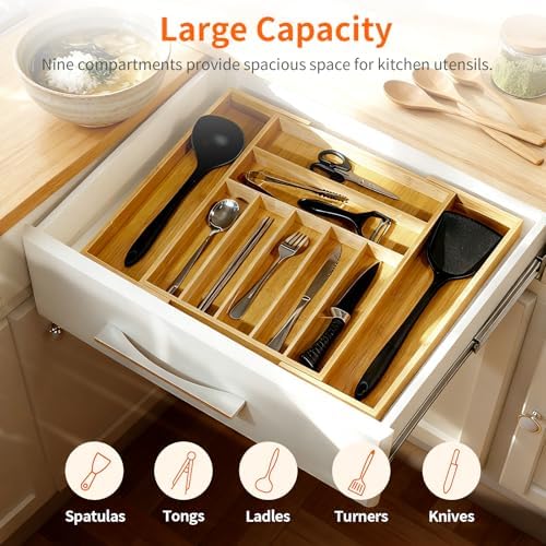 Bamboo Kitchen Drawer Organizer, Expandable Cutlery Tray, Adjustable