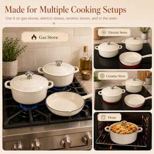 Hisencn Enameled Cast Iron Cookware Set, 8 Piece of Casserole, Dutch Ovens, Skillet and 3 Lids, Ceramic Coated Cast Iron Dutch Oven Set, Gas/Induction Compatible, PFA Free, with Pan Rack