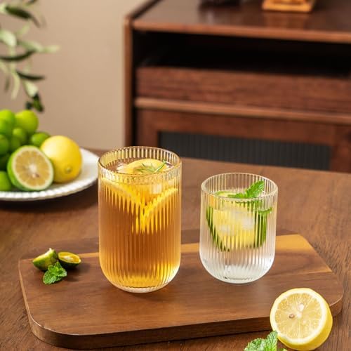 Ribbed Drinking Glasses 8pcs, Rocks Drinking Glasses 12oz and 10oz
