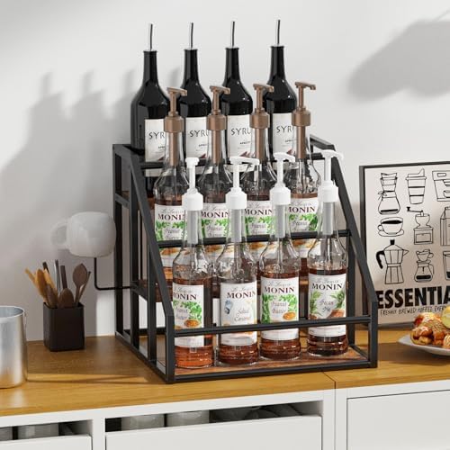 Coffee Syrup Rack Organizer, 3-Tier, 12-Bottle Stand, Rustic Brown