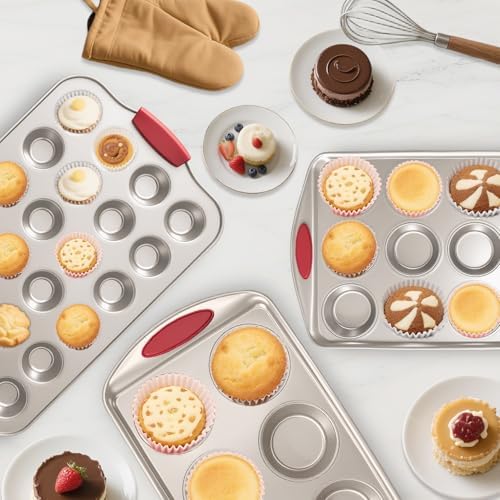 24 Cup Mini Cupcake Pan with Silicone Handles, Non-Stick Mini Muffin