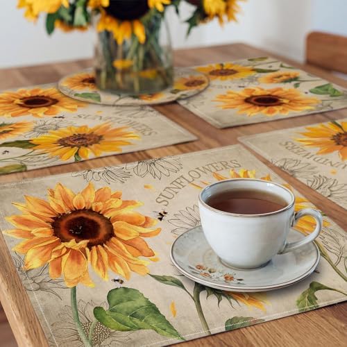 Sunflower Linen Placemats Set of 4, 12x18 Inch Farmhouse Spring Summer