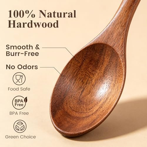 HAKSEN Wooden Spoons for Eating, 8.2 Inch Wood Mixing Soup Spoon with