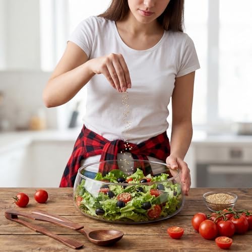 Hushee Large Glass Salad Bowl Set, Party Salad Bowl with Wood Base and