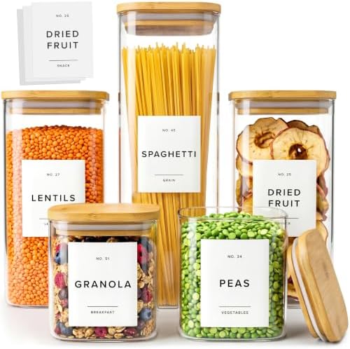 Glass Pantry Storage Jars Containers with Bamboo Lids and Labels - Set