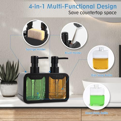 4-in-1 Kitchen Soap Dispenser Set with Sponge Caddy, Black