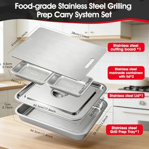 7-in-1 Grill Prep Trays and Carry System,Stainless Steel Grill Carry