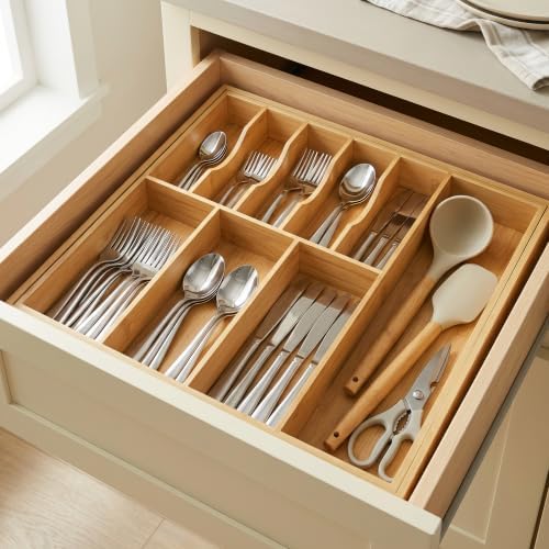 Bamboo Silverware Drawer Organizer, Expandable Utensil Tray, 17.3-30''